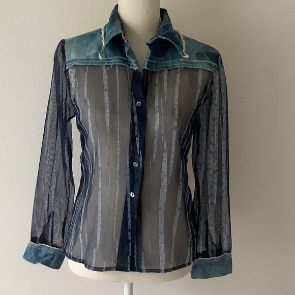 Tricot Chic Blue Denim Tie Dye Sheer Top Blouse - Picture 1 of 16